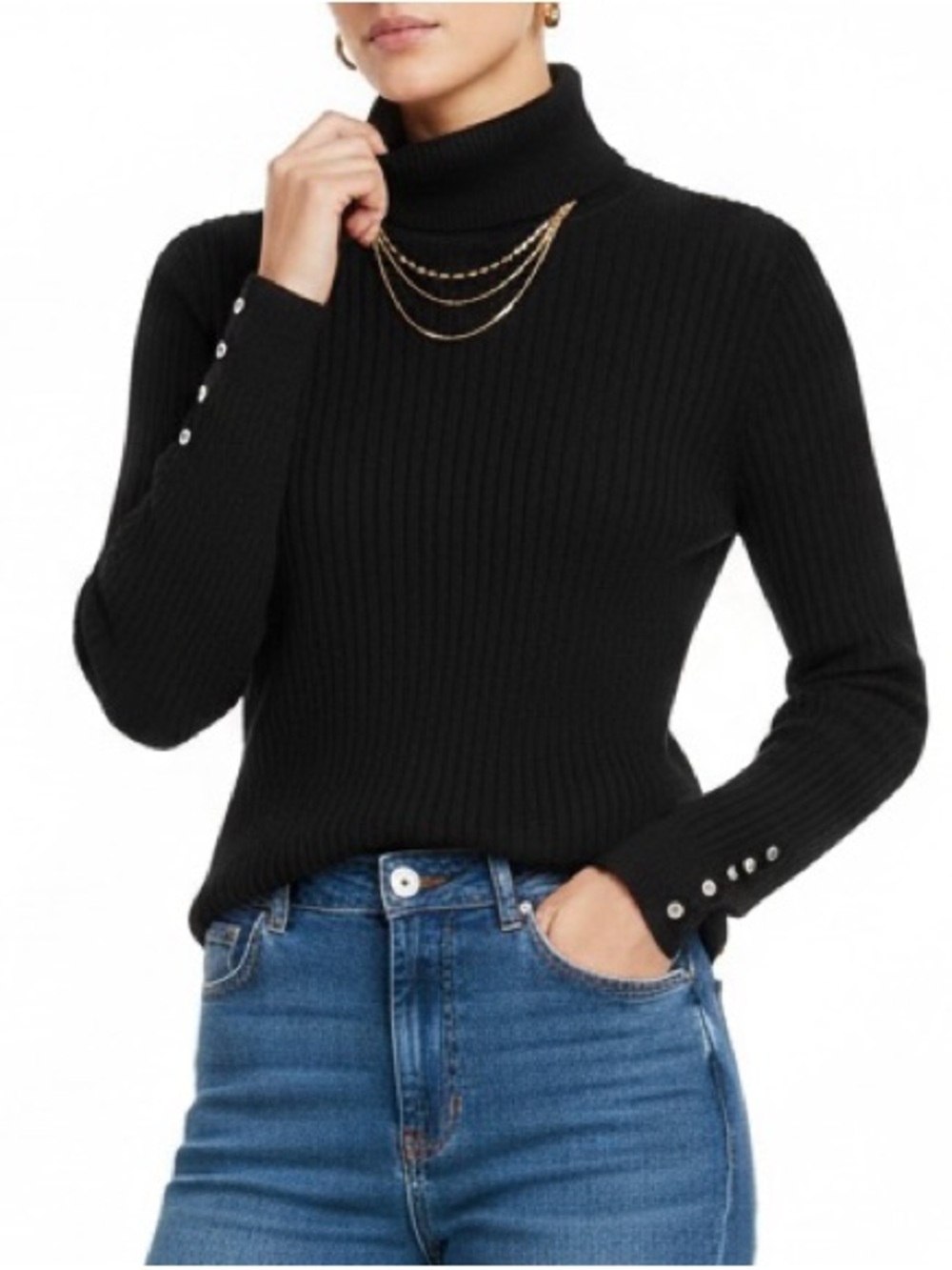 Calvin Klein Black Ribbed Turtleneck Sweater with Sleeve Buttons